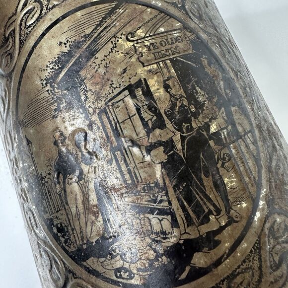 Vtg Metal Trash Can Ye Old Inn Scene Waste Bin Rustic Primitive Patina Tavern - Picture 8 of 16